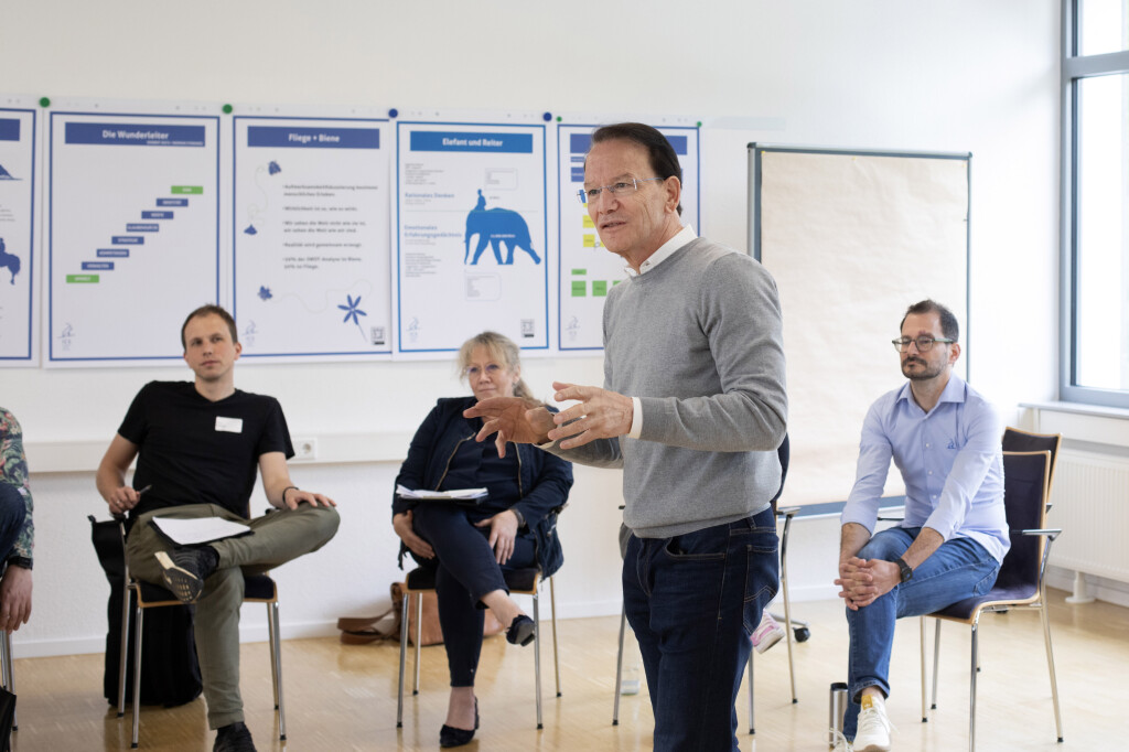 Trainer erklärt Konzepte im Moderations- oder Change-Training, Teilnehmende sitzen im Stuhlkreis und hören aufmerksam zu.“.