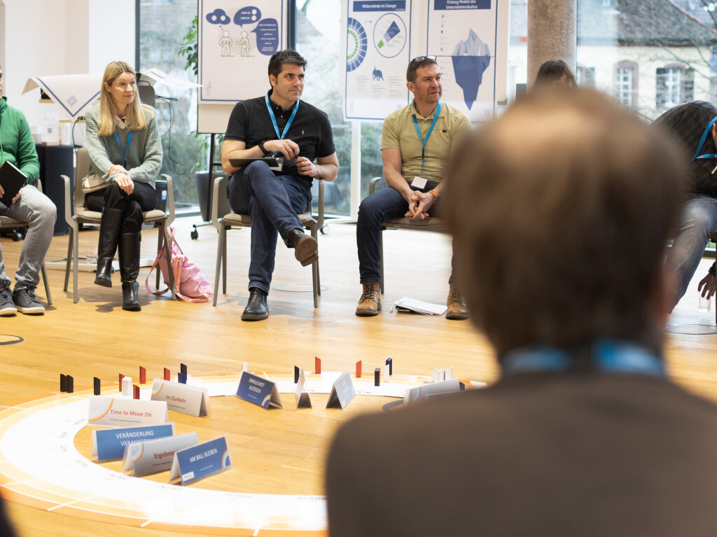Teilnehmende sitzen im Kreis rund um ein Coaching-Tool zur Veränderung, im Hintergrund Visualisierungen zum Thema Change.